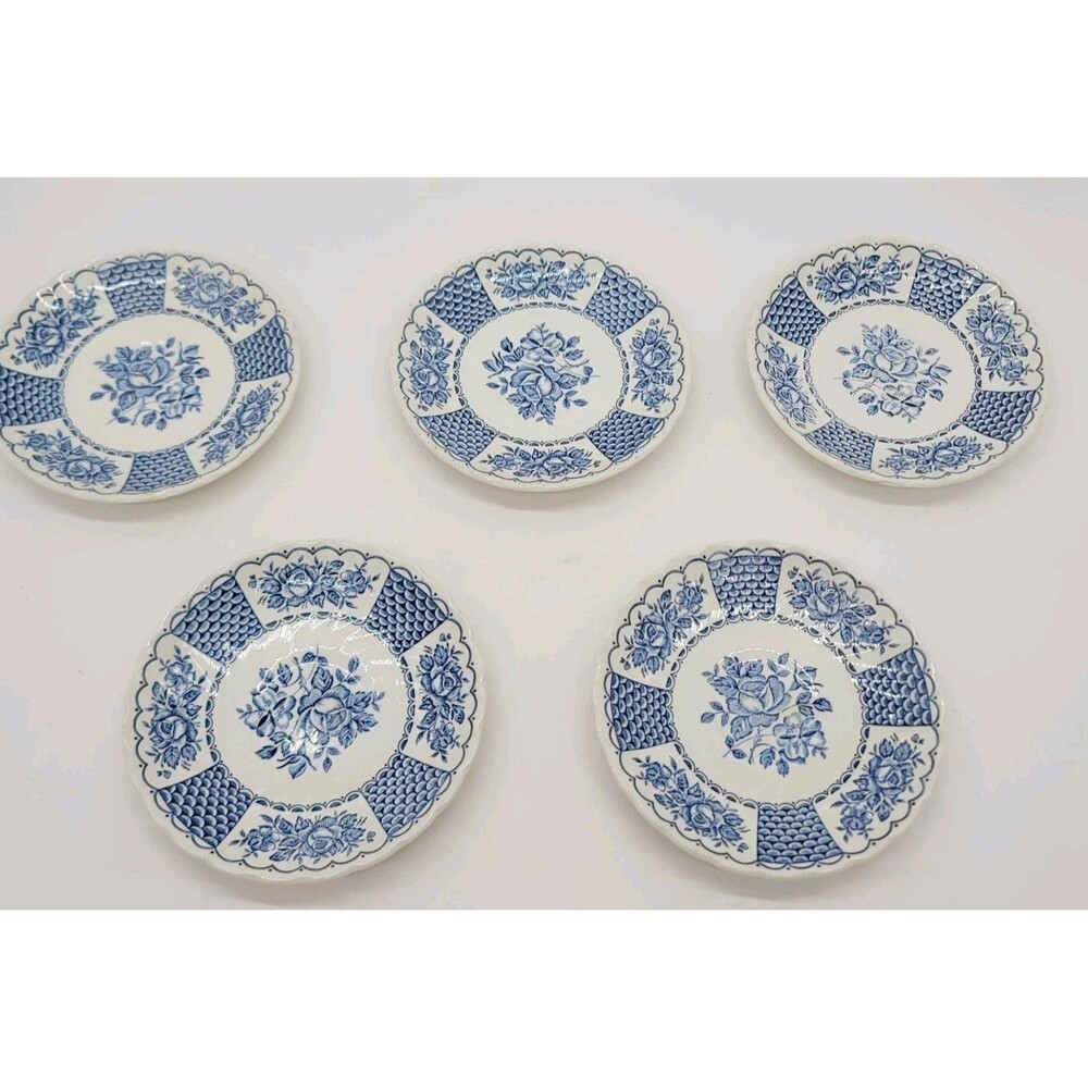 Myott Melody Set of 5 Ironstone Blue Floral Teacup Saucer Plates England 1982